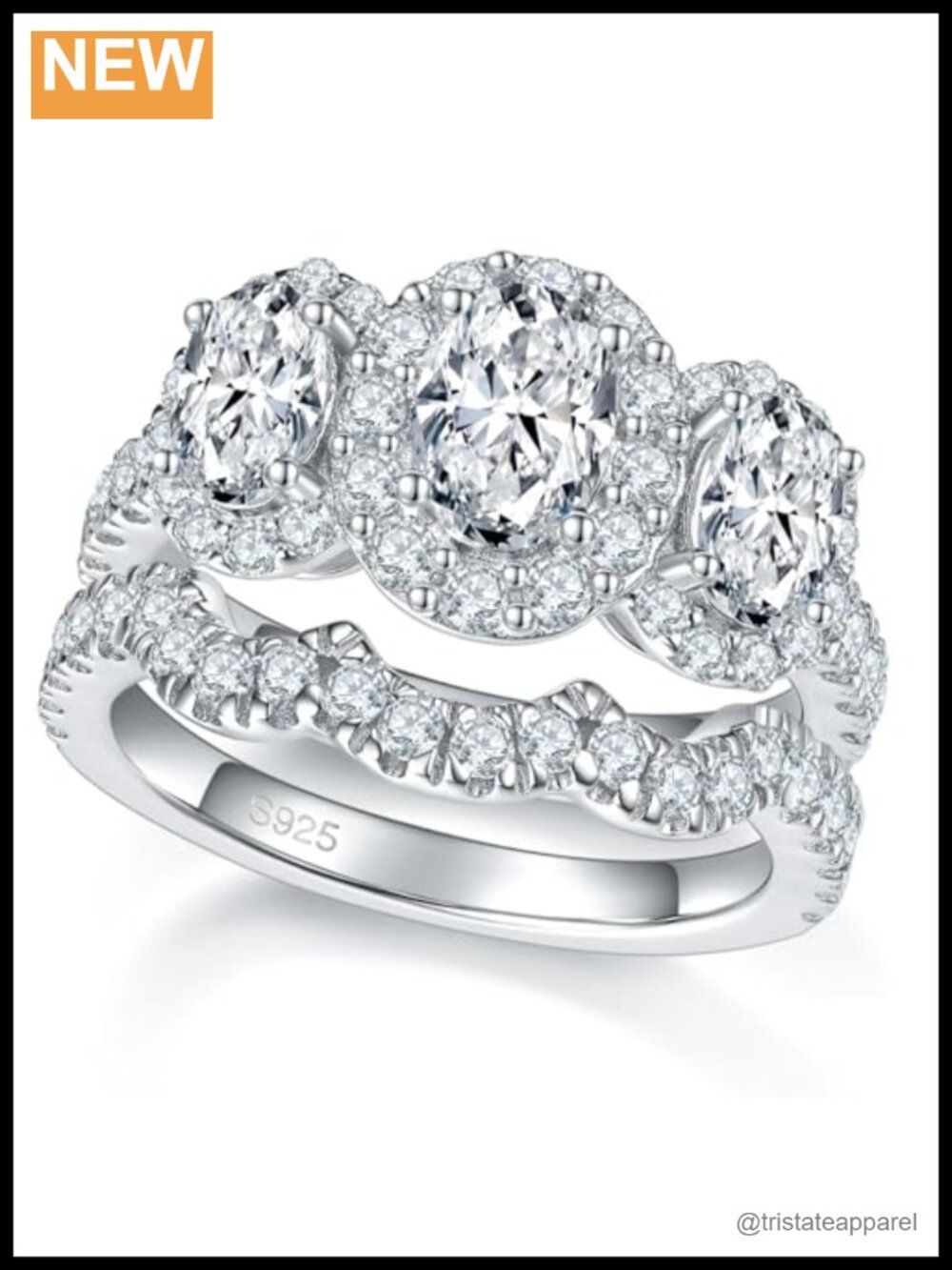 Moissanite Wedding Ring Set 3 Stone Oval Cut Halo 925 Sterling Silver
